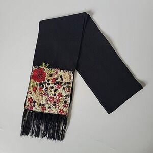 Vintage Wet Seal Fringed Scarf Black Knit Embroidered Flowers Beaded Chic Hippie